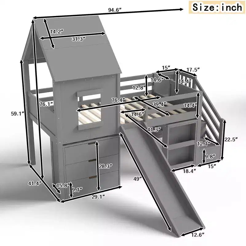 Lit mezzanine simple avec 3 tiroirs et escalier de rangement, structure cabane en bois avec toboggan et bureau amovible