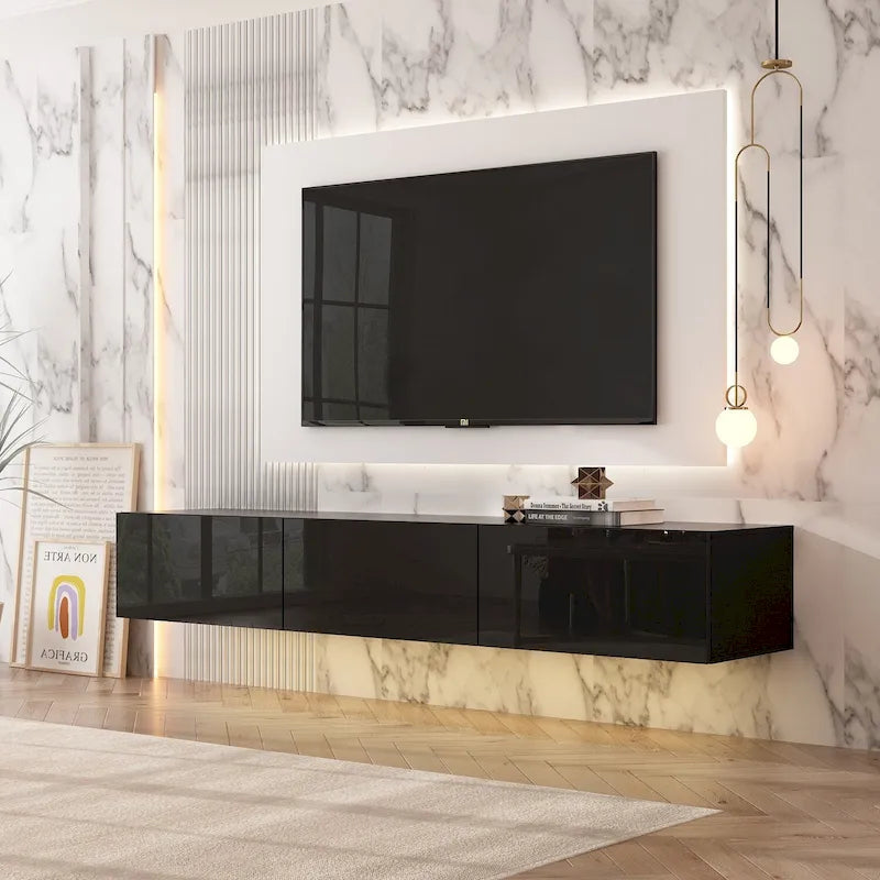 63" Floating TV Stand with LED Lights, Wall Mount High Gloss