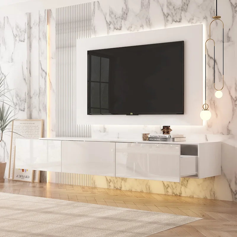 63" Floating TV Stand with LED Lights, Wall Mount High Gloss