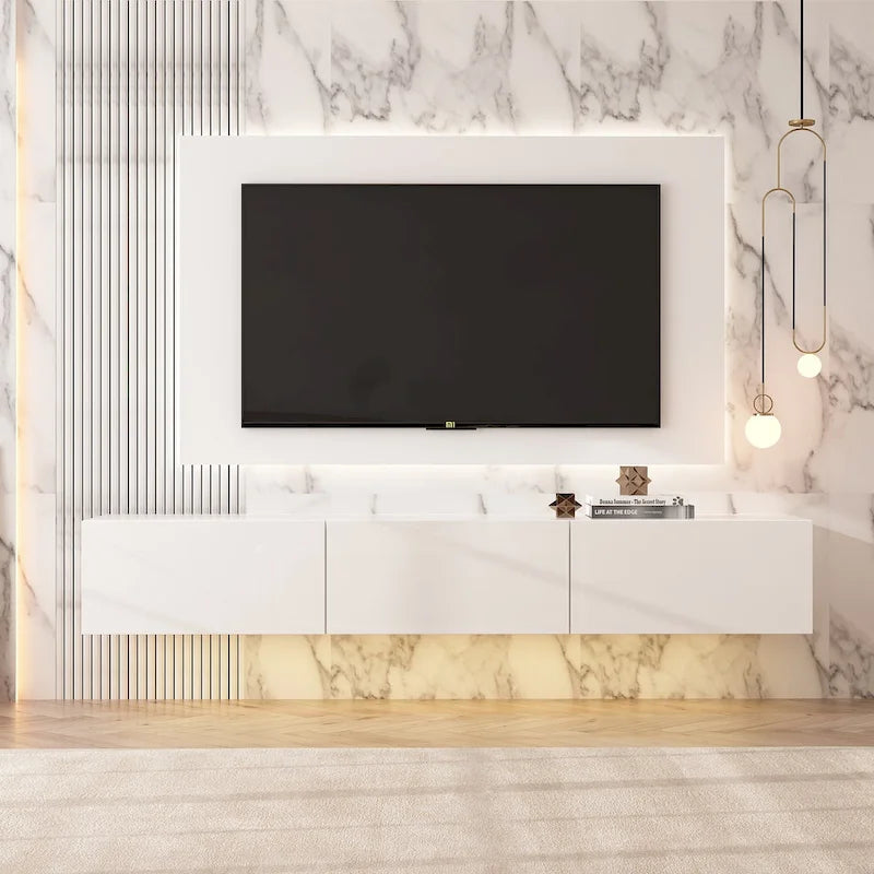 63" Floating TV Stand with LED Lights, Wall Mount High Gloss