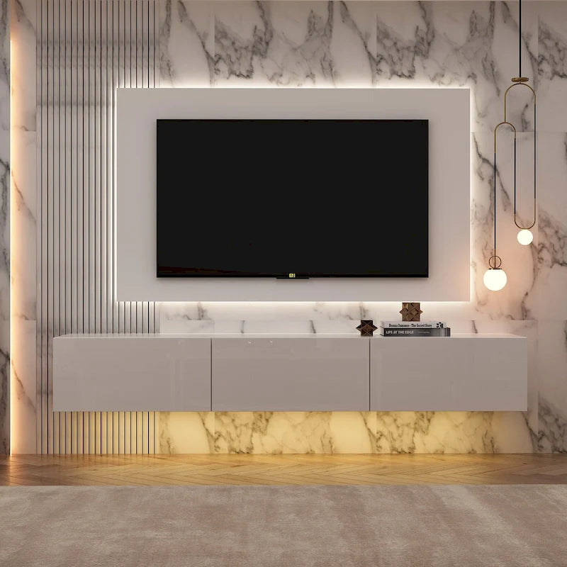 63" Floating TV Stand with LED Lights, Wall Mount High Gloss