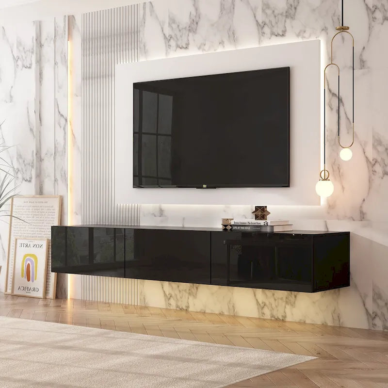 63" Floating TV Stand with LED Lights, Wall Mount High Gloss
