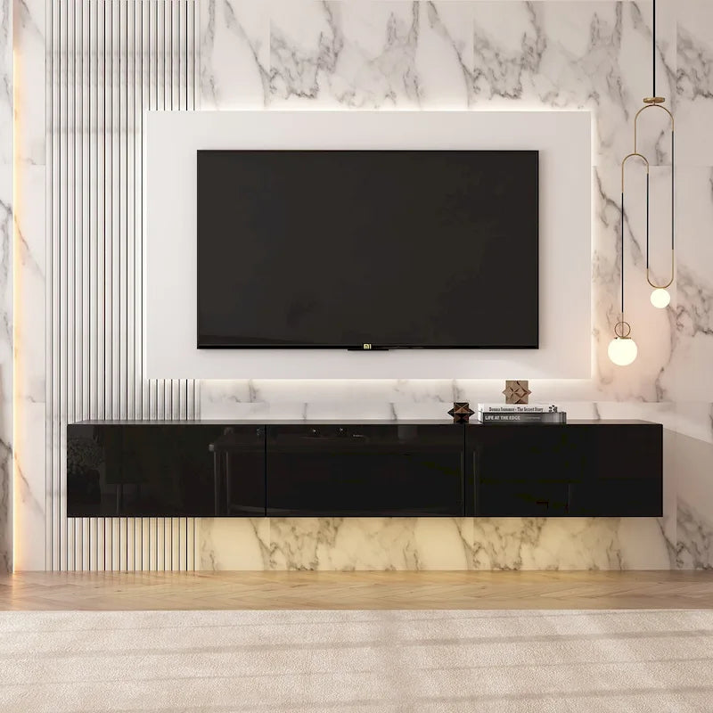 63" Floating TV Stand with LED Lights, Wall Mount High Gloss