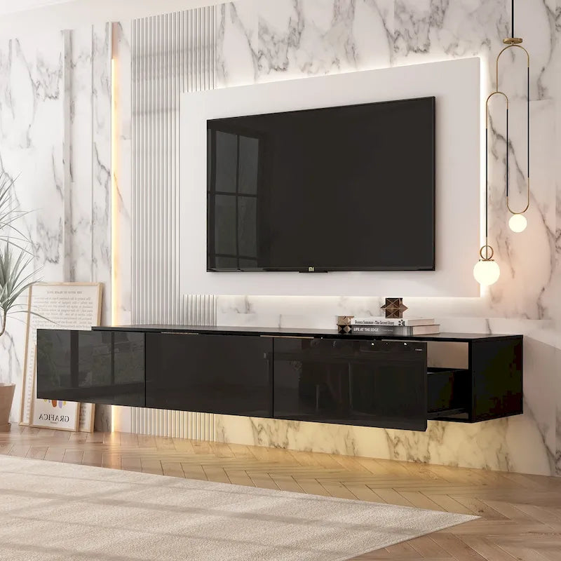 63" Floating TV Stand with LED Lights, Wall Mount High Gloss