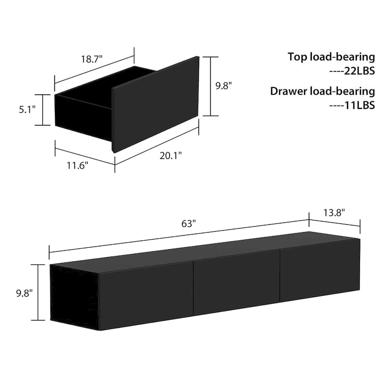 63" Floating TV Stand with LED Lights, Wall Mount High Gloss