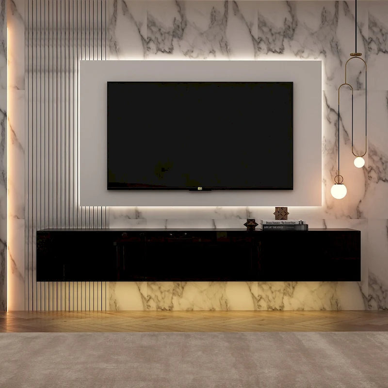 63" Floating TV Stand with LED Lights, Wall Mount High Gloss