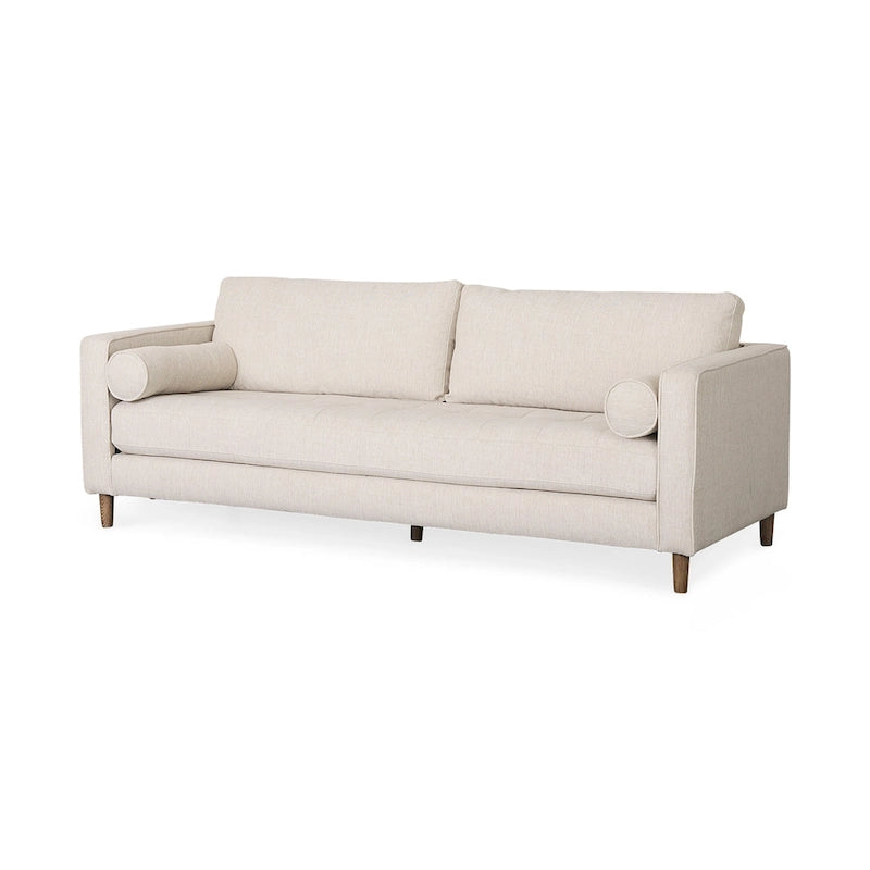 Cream Fabric Sofa w/ Solid Wood Frame and Bolster Cushions - 87.9W x 36.2D x 33.8H