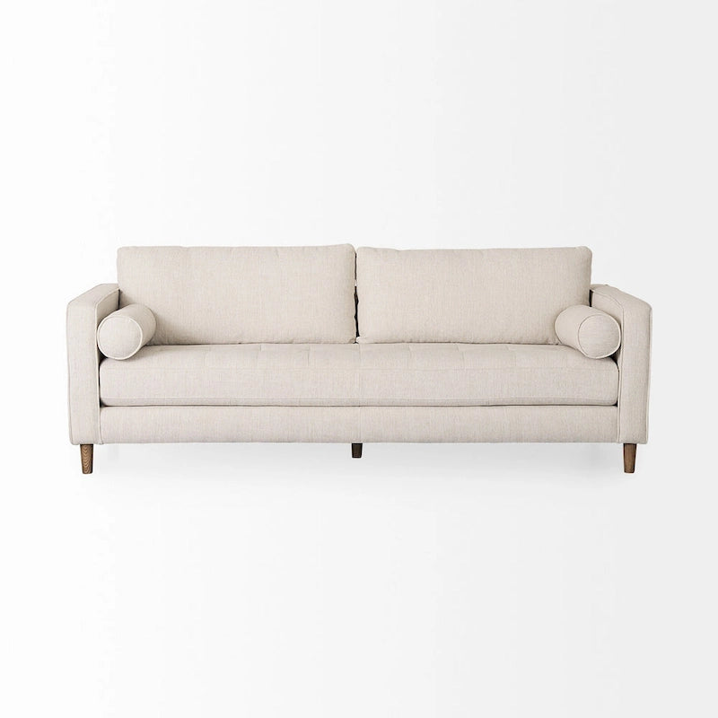 Cream Fabric Sofa w/ Solid Wood Frame and Bolster Cushions - 87.9W x 36.2D x 33.8H