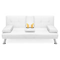 White Faux Leather Convertible Sofa Futon with 2 Cup Holders