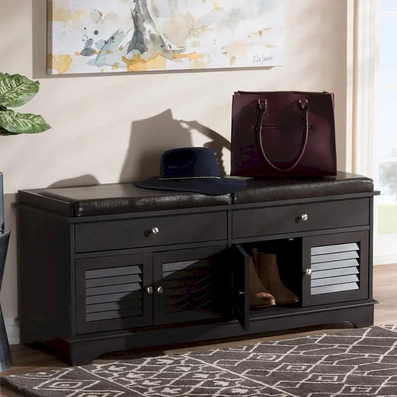 Modern and Contemporary Dark Brown Wood 2-Drawer Shoe Storage Bench - 20.67" H x 47.44" W x 15.65" D