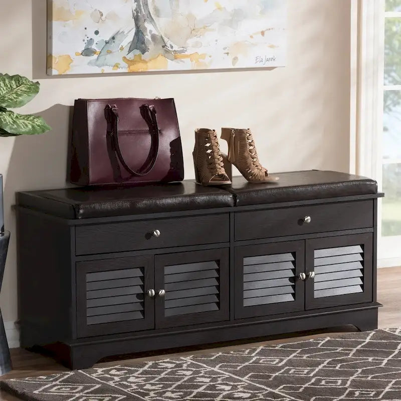 Modern and Contemporary Dark Brown Wood 2-Drawer Shoe Storage Bench - 20.67" H x 47.44" W x 15.65" D