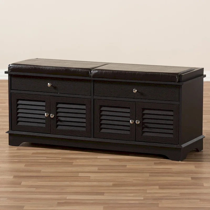 Modern and Contemporary Dark Brown Wood 2-Drawer Shoe Storage Bench - 20.67" H x 47.44" W x 15.65" D