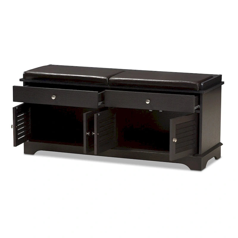 Banc de rangement pour chaussures à 2 tiroirs en bois brun foncé, style moderne et contemporain - 52,5 cm H x 120,5 cm L x 39,7 cm P