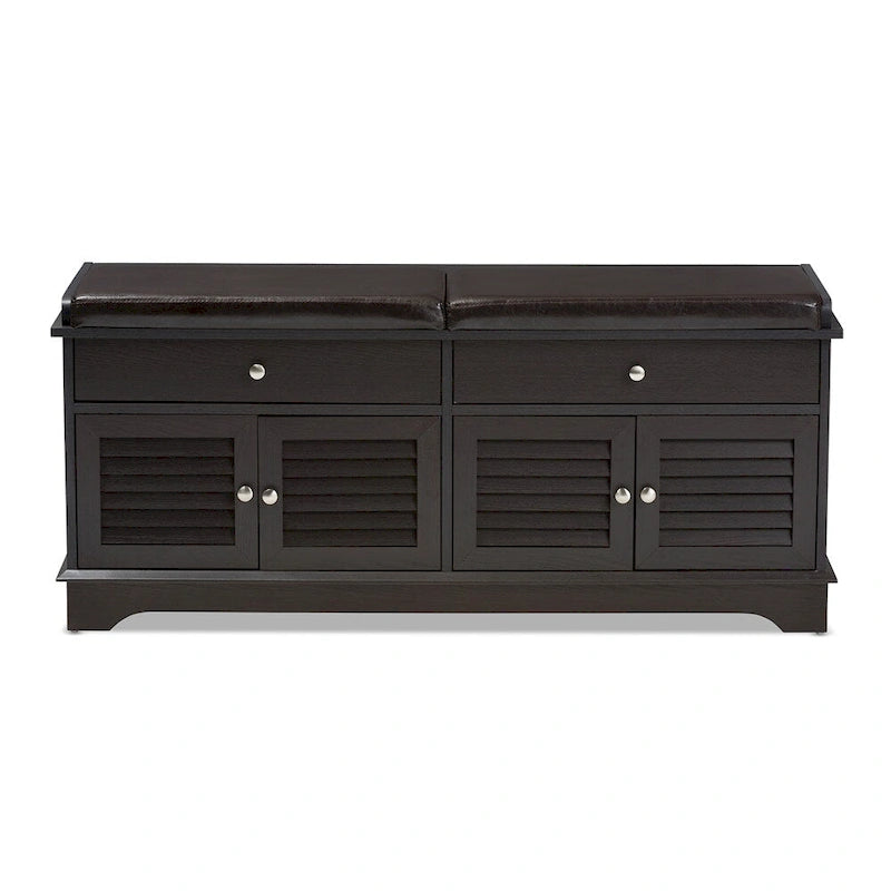 Banc de rangement pour chaussures à 2 tiroirs en bois brun foncé, style moderne et contemporain - 52,5 cm H x 120,5 cm L x 39,7 cm P