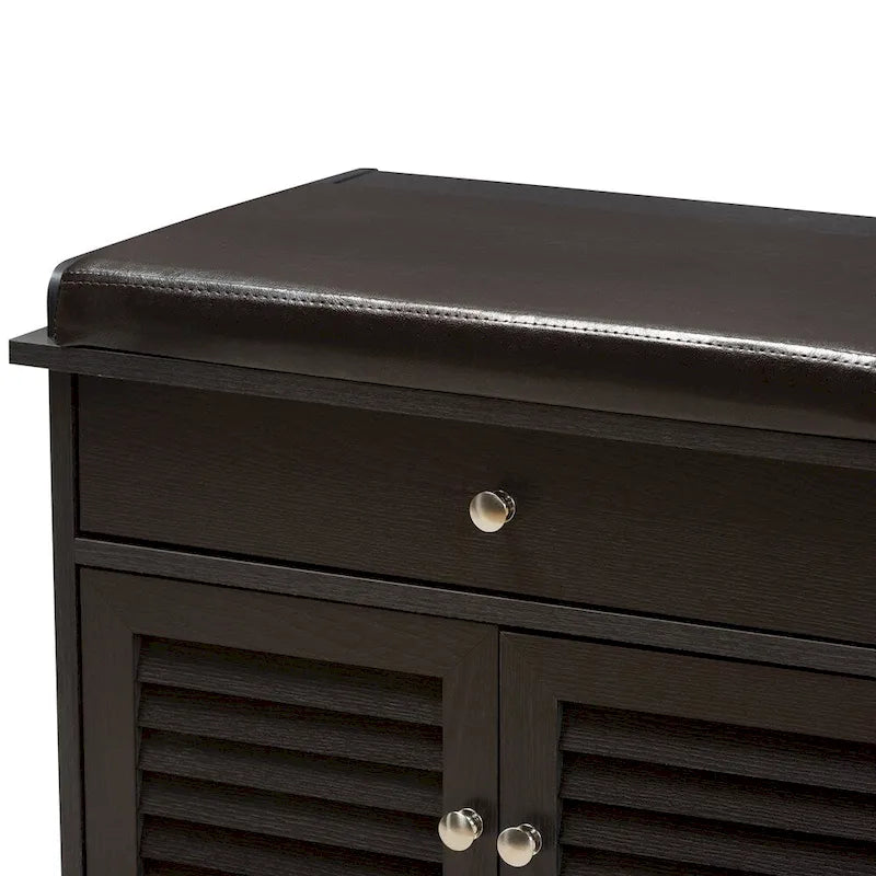 Banc de rangement pour chaussures à 2 tiroirs en bois brun foncé, style moderne et contemporain - 52,5 cm H x 120,5 cm L x 39,7 cm P