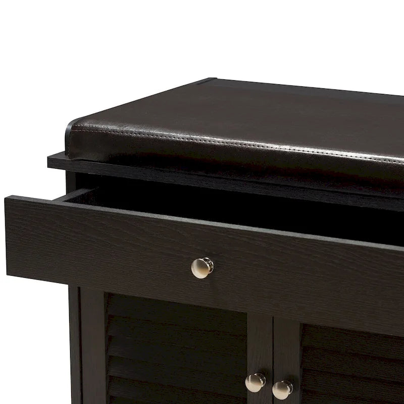 Banc de rangement pour chaussures à 2 tiroirs en bois brun foncé, style moderne et contemporain - 52,5 cm H x 120,5 cm L x 39,7 cm P