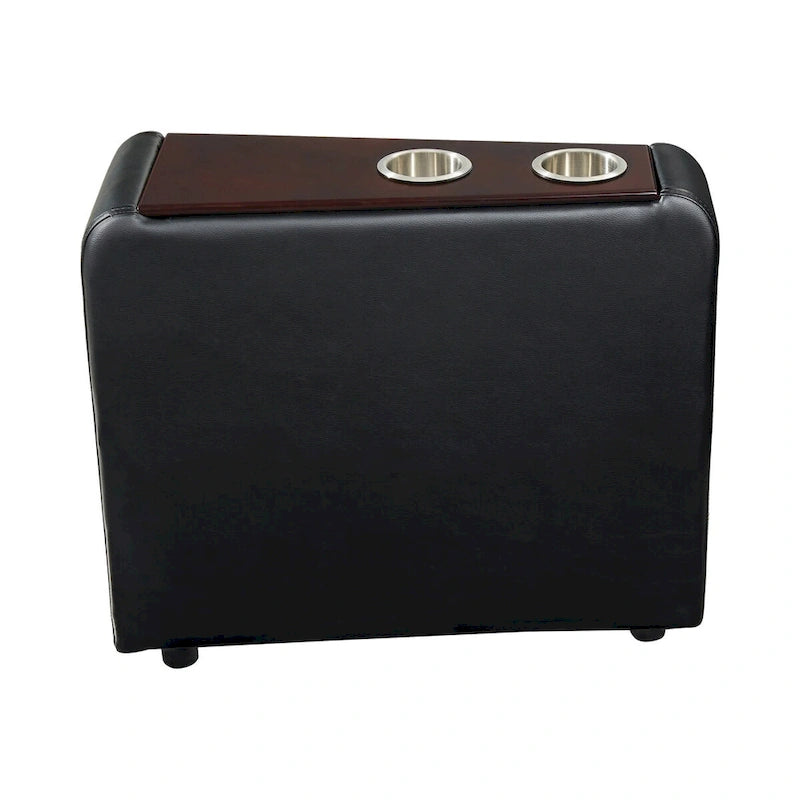 Console en similicuir avec 2 porte-gobelets métalliques amovibles, noire et argentée - 25 H x 9,5 W x 28,75 L pouces