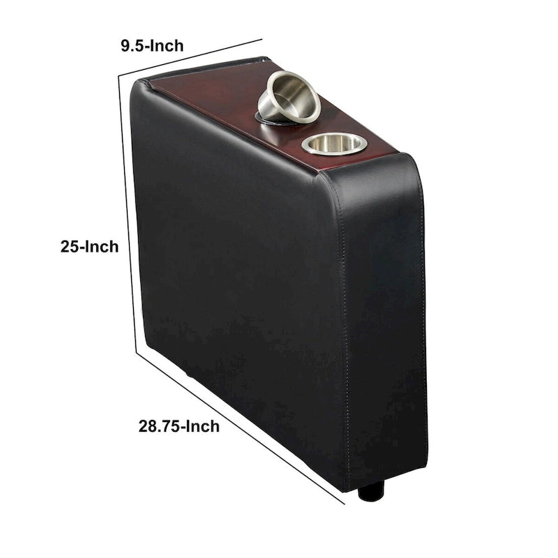 Console en similicuir avec 2 porte-gobelets métalliques amovibles, noire et argentée - 25 H x 9,5 W x 28,75 L pouces