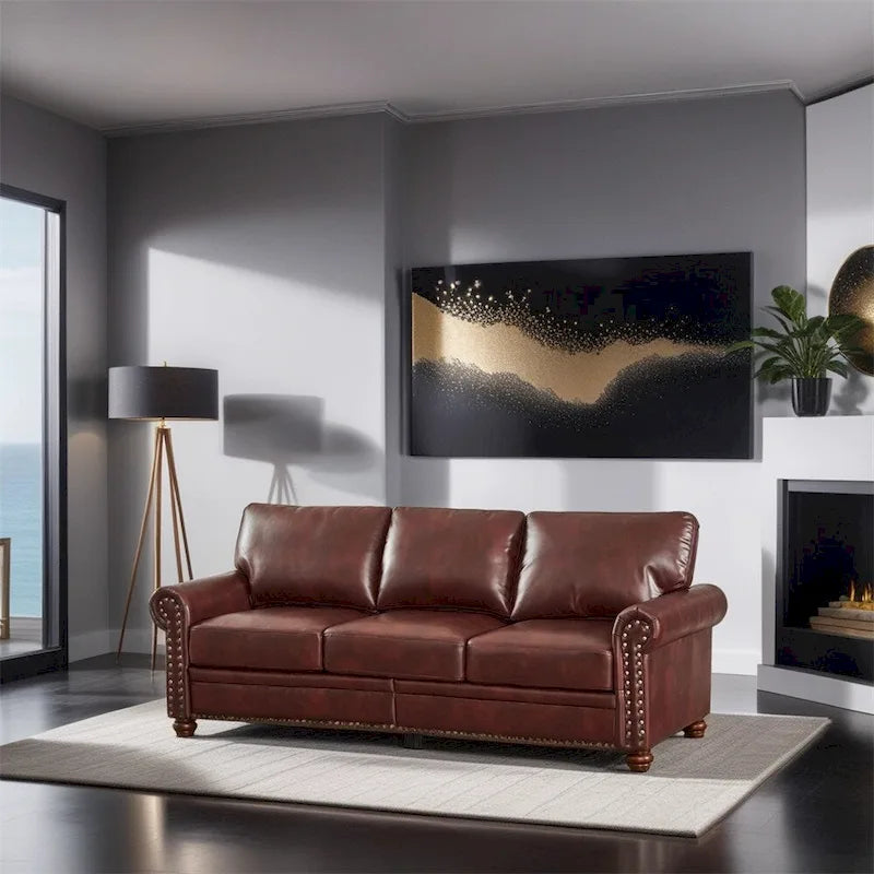 Classic Living Room Nails Sofa, Faux Leather