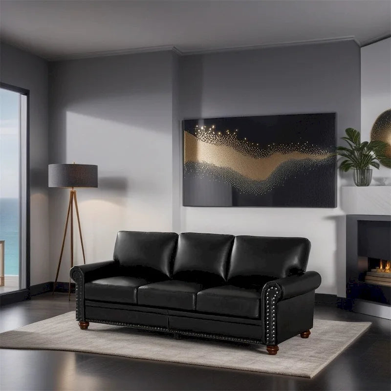 Classic Living Room Nails Sofa, Faux Leather