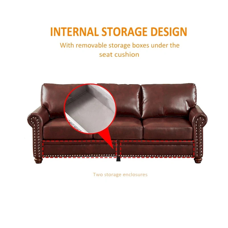 Classic Living Room Nails Sofa, Faux Leather