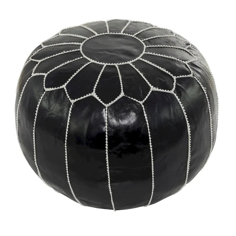 Leather Floral Moroccan Pouf with White Stitching - Black or Light Brown