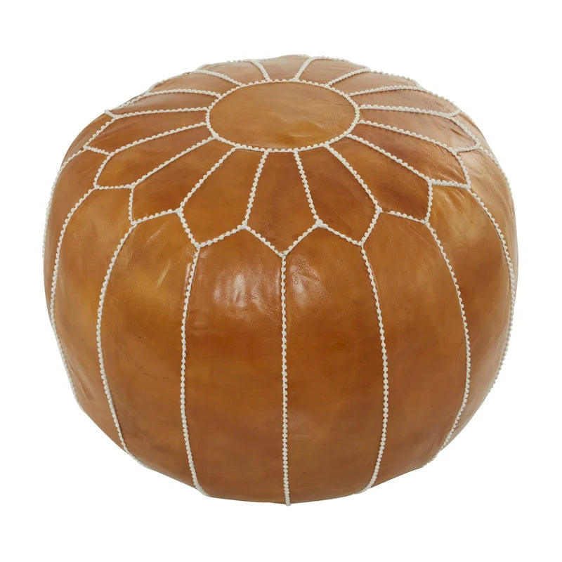 Leather Floral Moroccan Pouf with White Stitching - Black or Light Brown