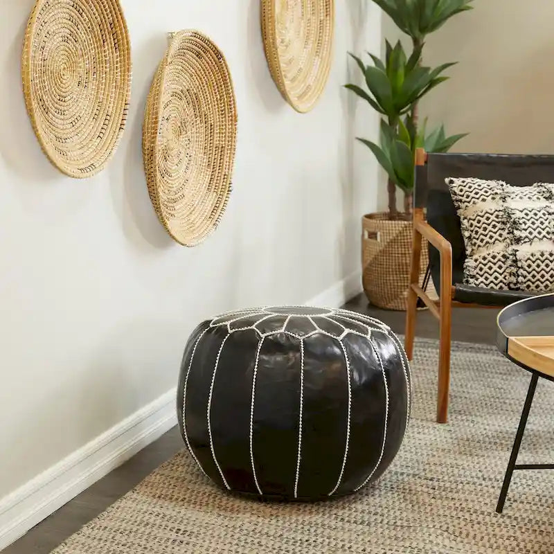 Leather Floral Moroccan Pouf with White Stitching - Black or Light Brown