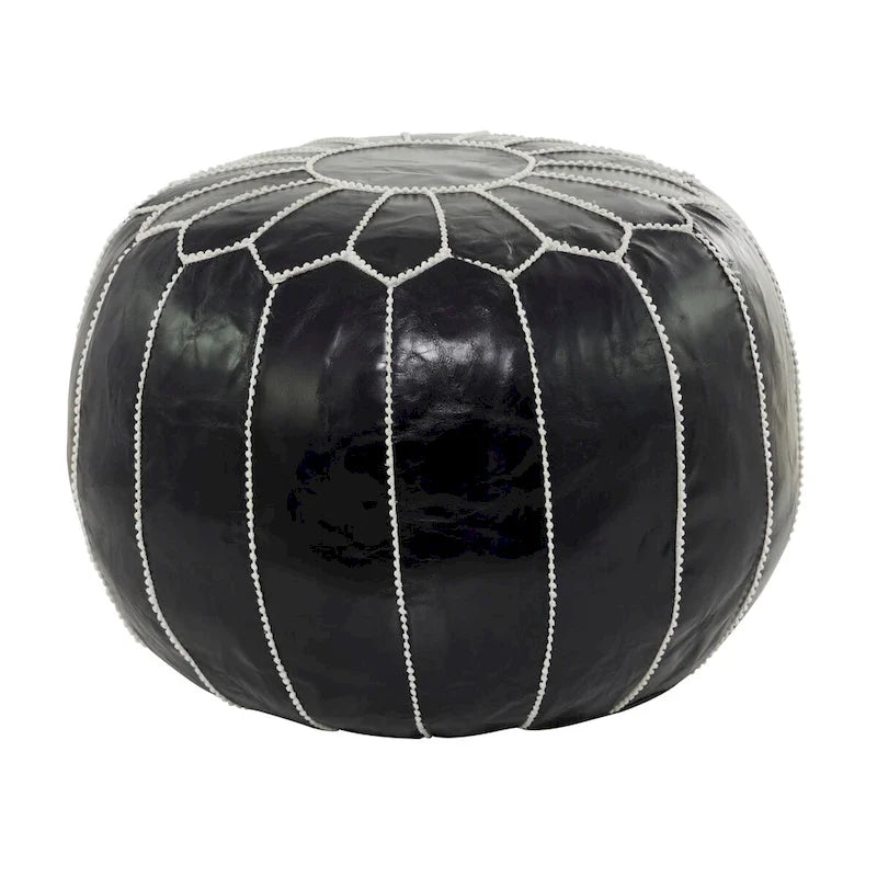 Leather Floral Moroccan Pouf with White Stitching - Black or Light Brown