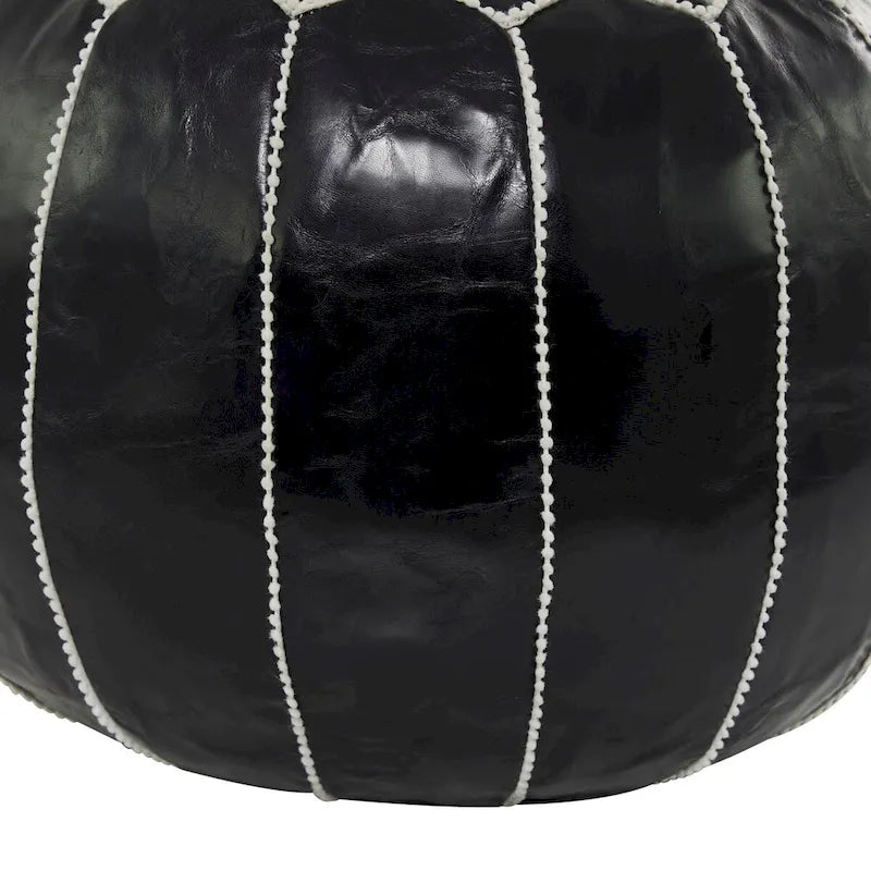 Leather Floral Moroccan Pouf with White Stitching - Black or Light Brown