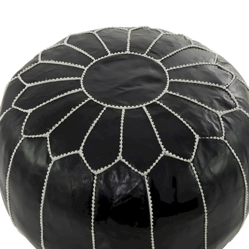Leather Floral Moroccan Pouf with White Stitching - Black or Light Brown