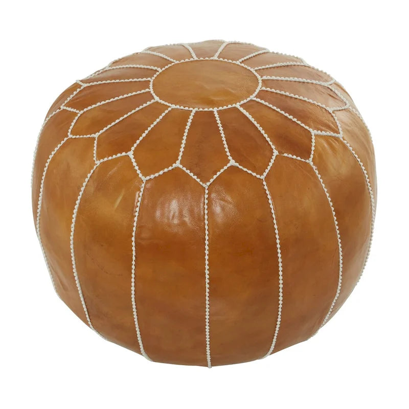 Pouf marocain en cuir floral avec surpiqûres blanches - Noir ou marron clair
