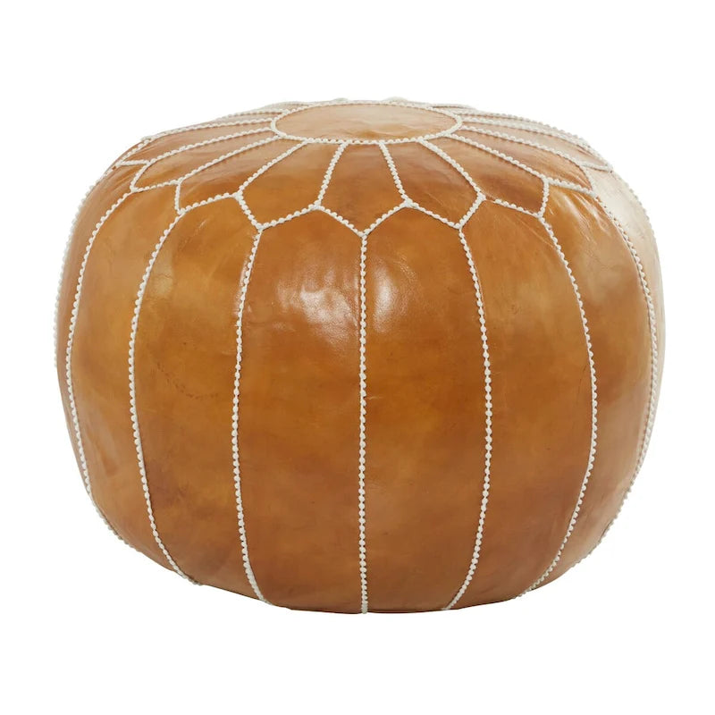 Pouf marocain en cuir floral avec surpiqûres blanches - Noir ou marron clair