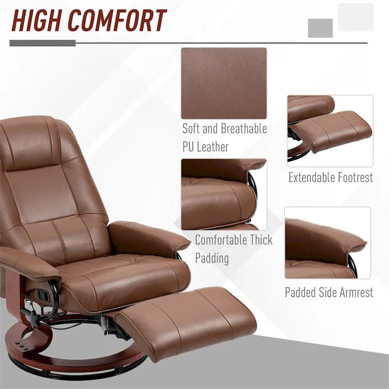 Fauteuil de relaxation pivotant réglable en cuir avec repose-pieds et accoudoirs