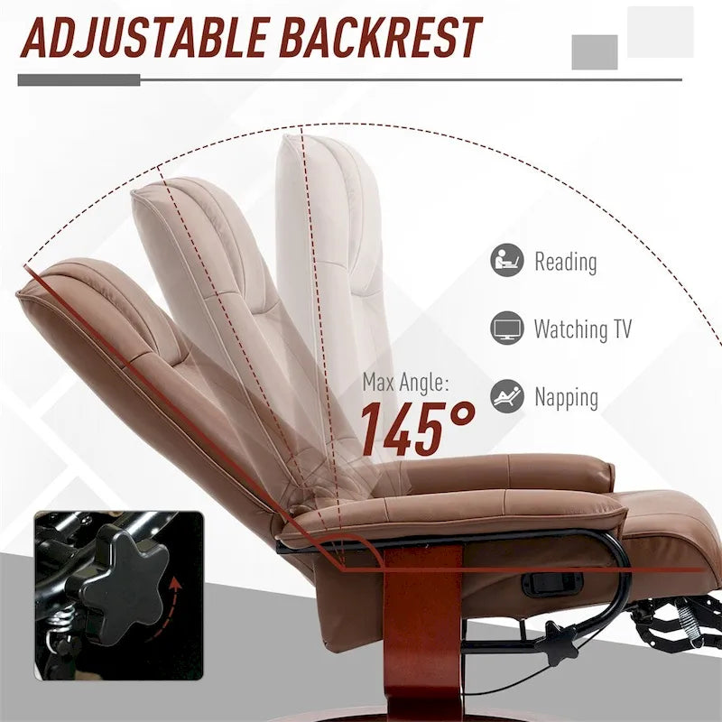 Fauteuil de relaxation pivotant réglable en cuir avec repose-pieds et accoudoirs