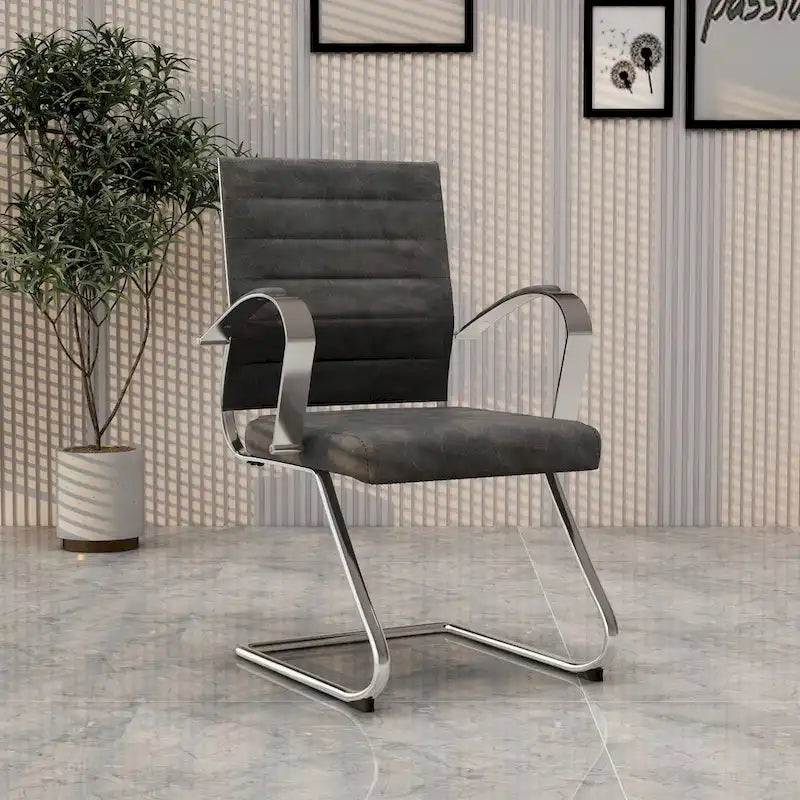 Fauteuil de bureau en cuir avec piètement luge en acier inoxydable