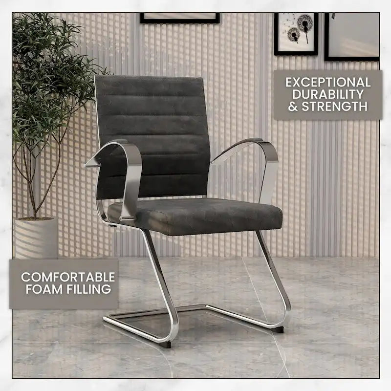 Fauteuil de bureau en cuir avec piètement luge en acier inoxydable