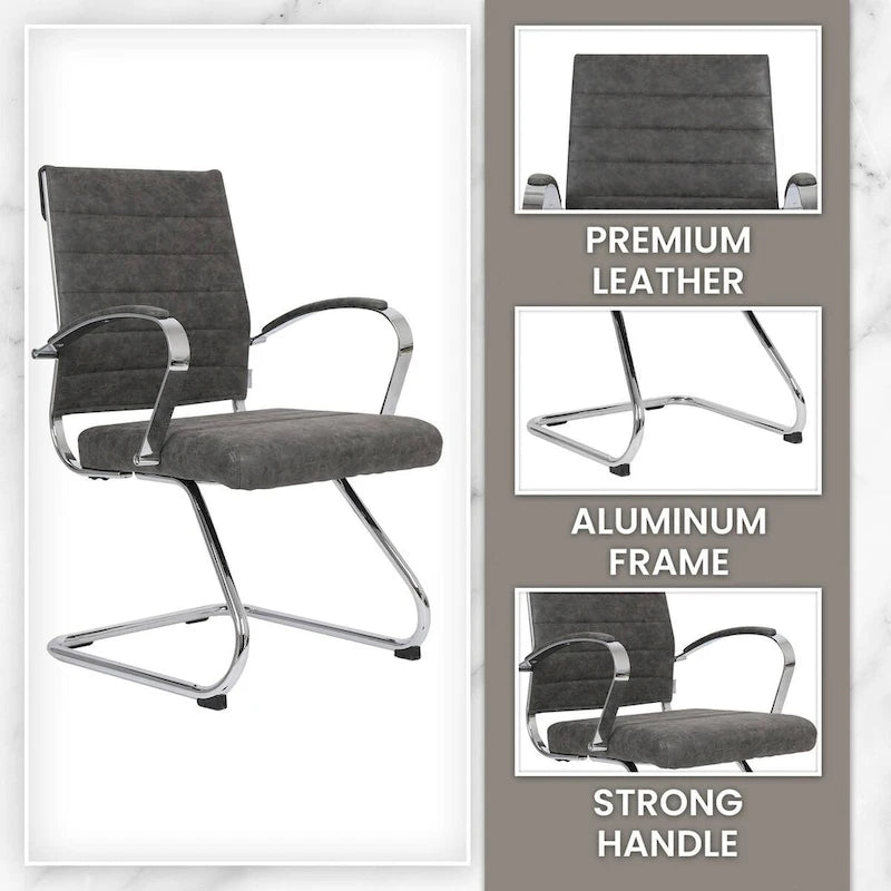 Fauteuil de bureau en cuir avec piètement luge en acier inoxydable