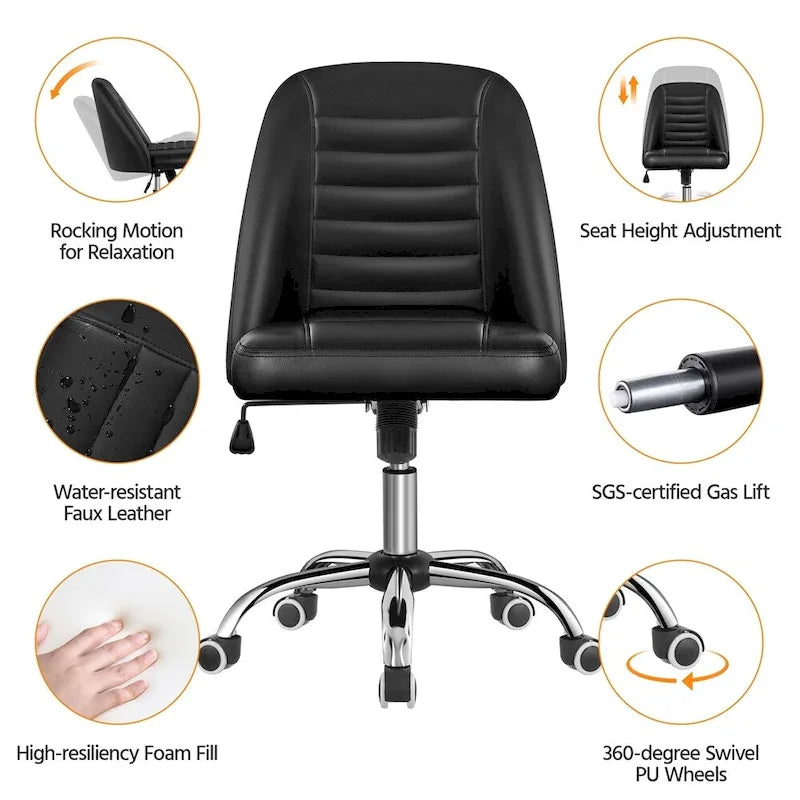 Faux Leather Mid Back Desk Chair Modern Tufted Armless Office Chair