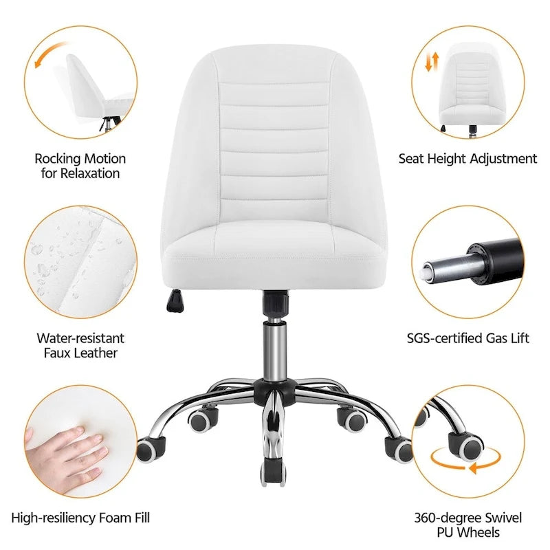 Chaise de bureau mi-hauteur en similicuir, sans accoudoirs, moderne et capitonnée