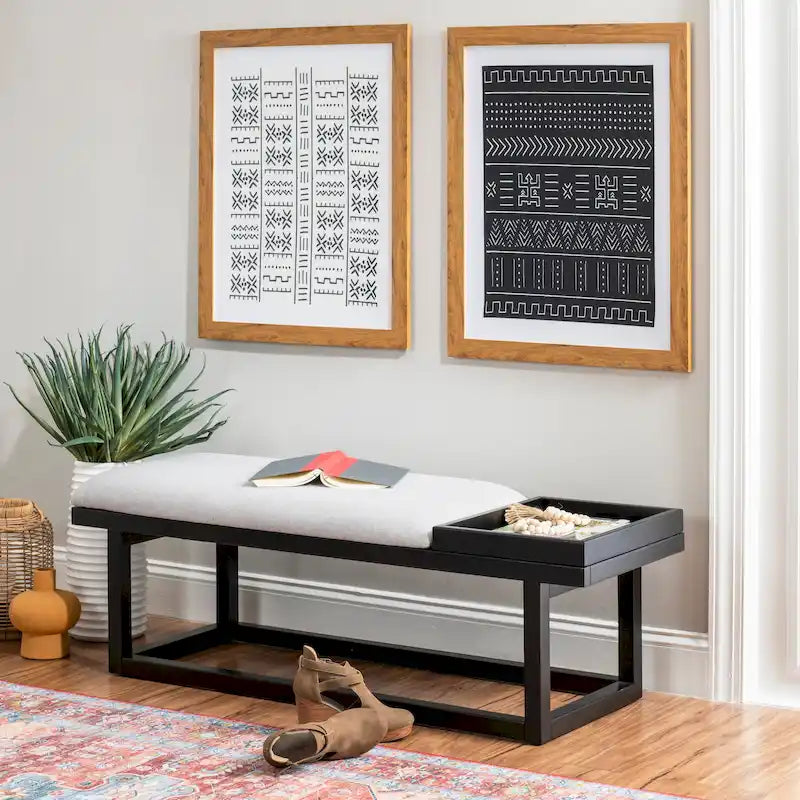 Grey Upholstered Solid Wood Bench with Tray