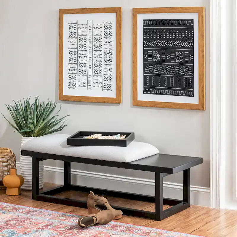 Grey Upholstered Solid Wood Bench with Tray