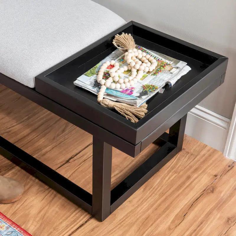 Grey Upholstered Solid Wood Bench with Tray