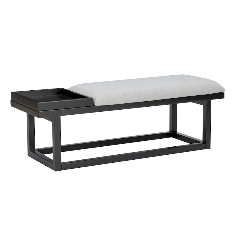Grey Upholstered Solid Wood Bench with Tray