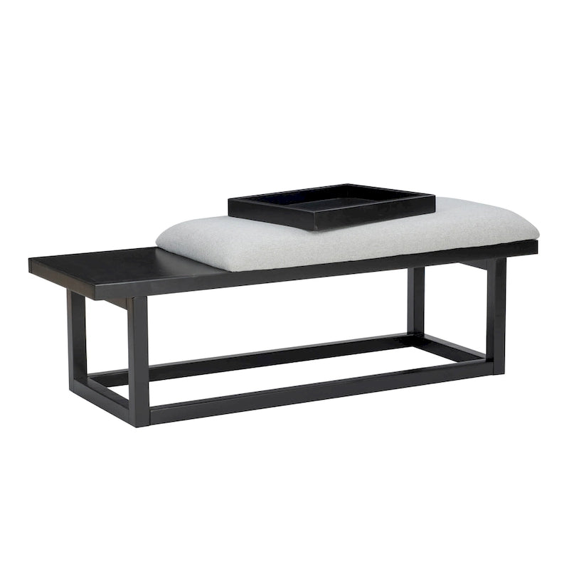 Grey Upholstered Solid Wood Bench with Tray
