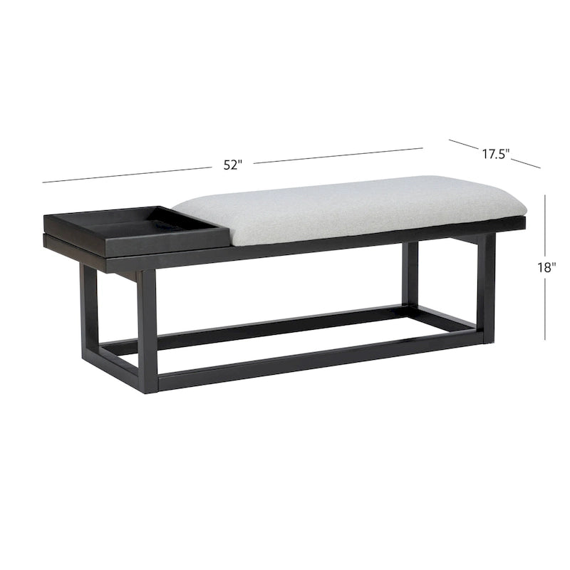 Grey Upholstered Solid Wood Bench with Tray