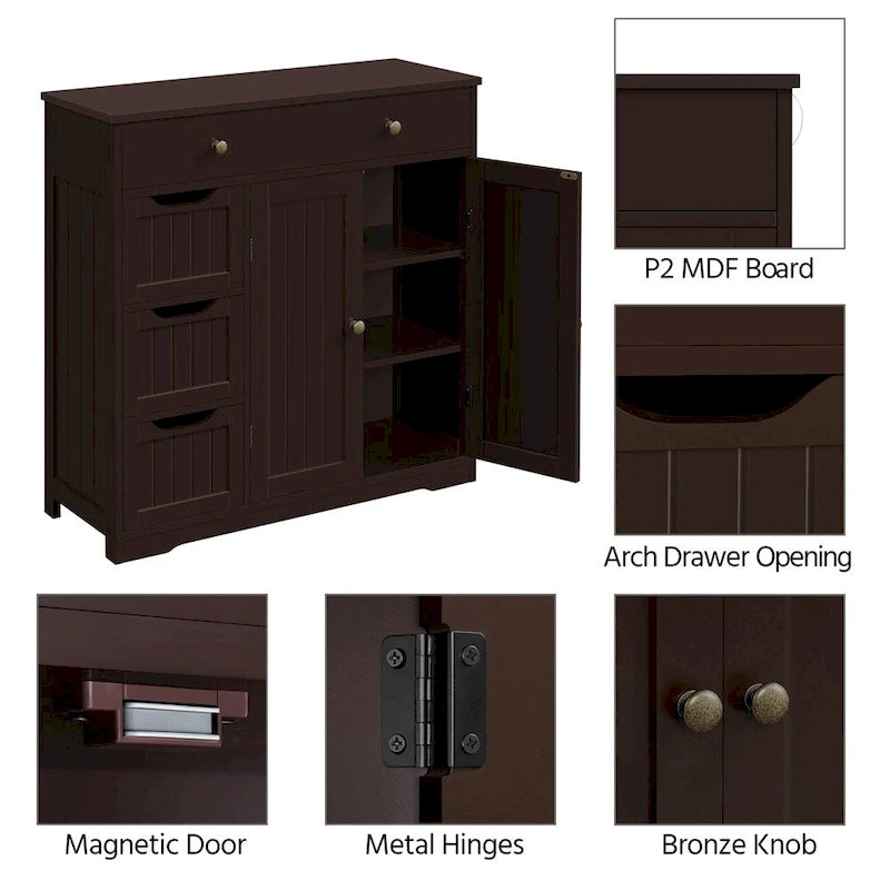 Bathroom Storage Cabinet Free-Standing Floor Cabinet With 4 Drawers and 2 Doors
