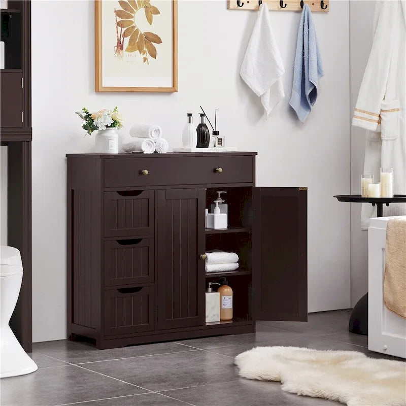 Bathroom Storage Cabinet Free-Standing Floor Cabinet With 4 Drawers and 2 Doors