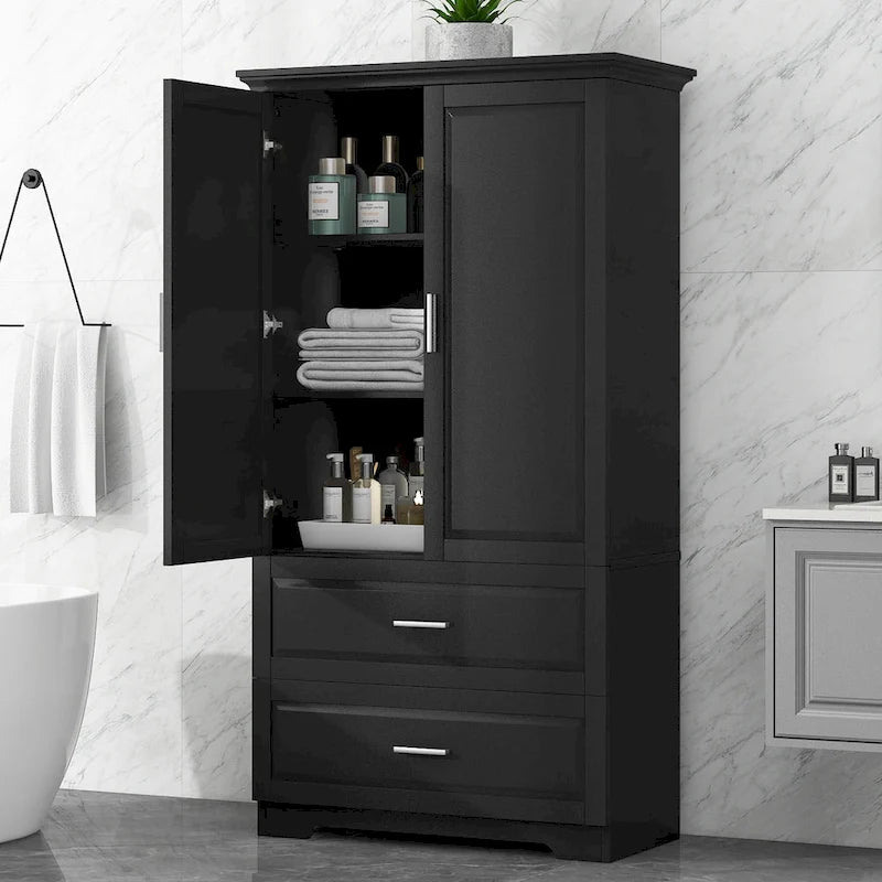 Armoire de rangement haute de salle de bain avec 2 portes, 2 tiroirs et étagère réglable