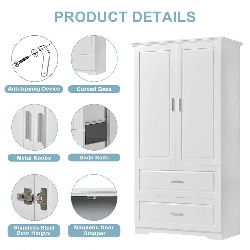 Armoire de rangement haute de salle de bain avec 2 portes, 2 tiroirs et étagère réglable